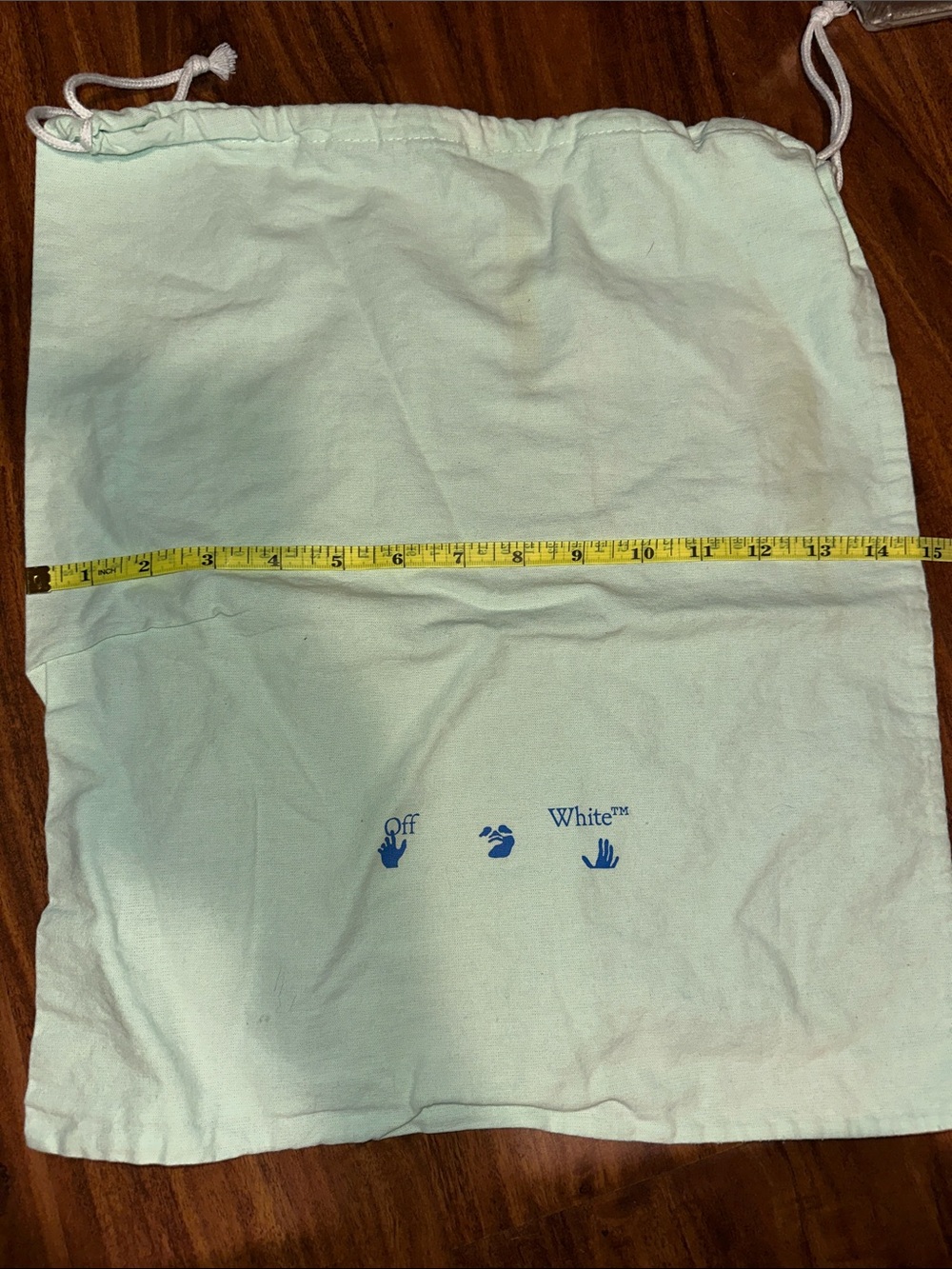 Off-White Light Mint Drawstring Dust Bag with Blue Logo Icons